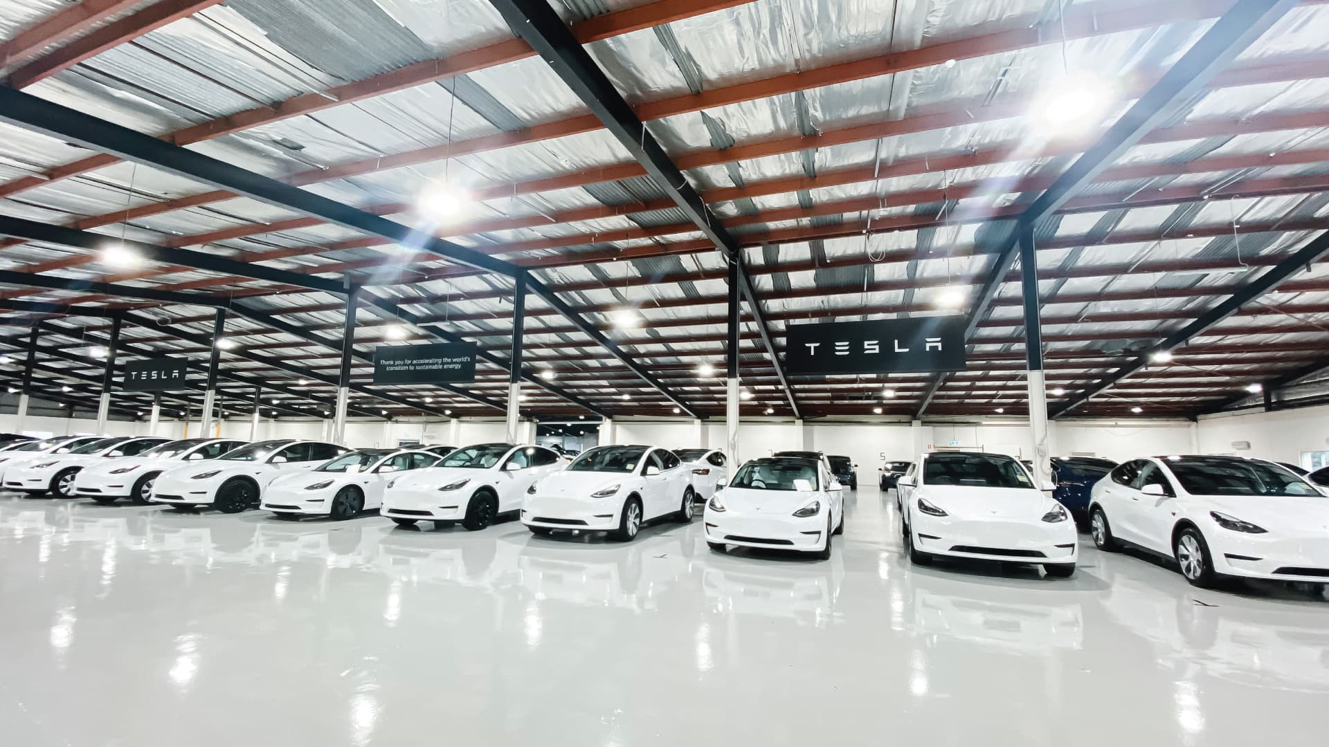 Tesla vehicles lined up after dealer-installed window tint