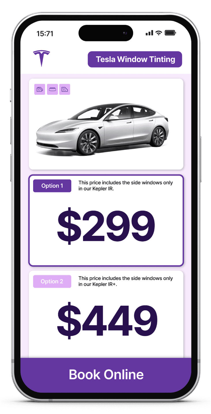 Kepler Tesla window tint pricing graphic
